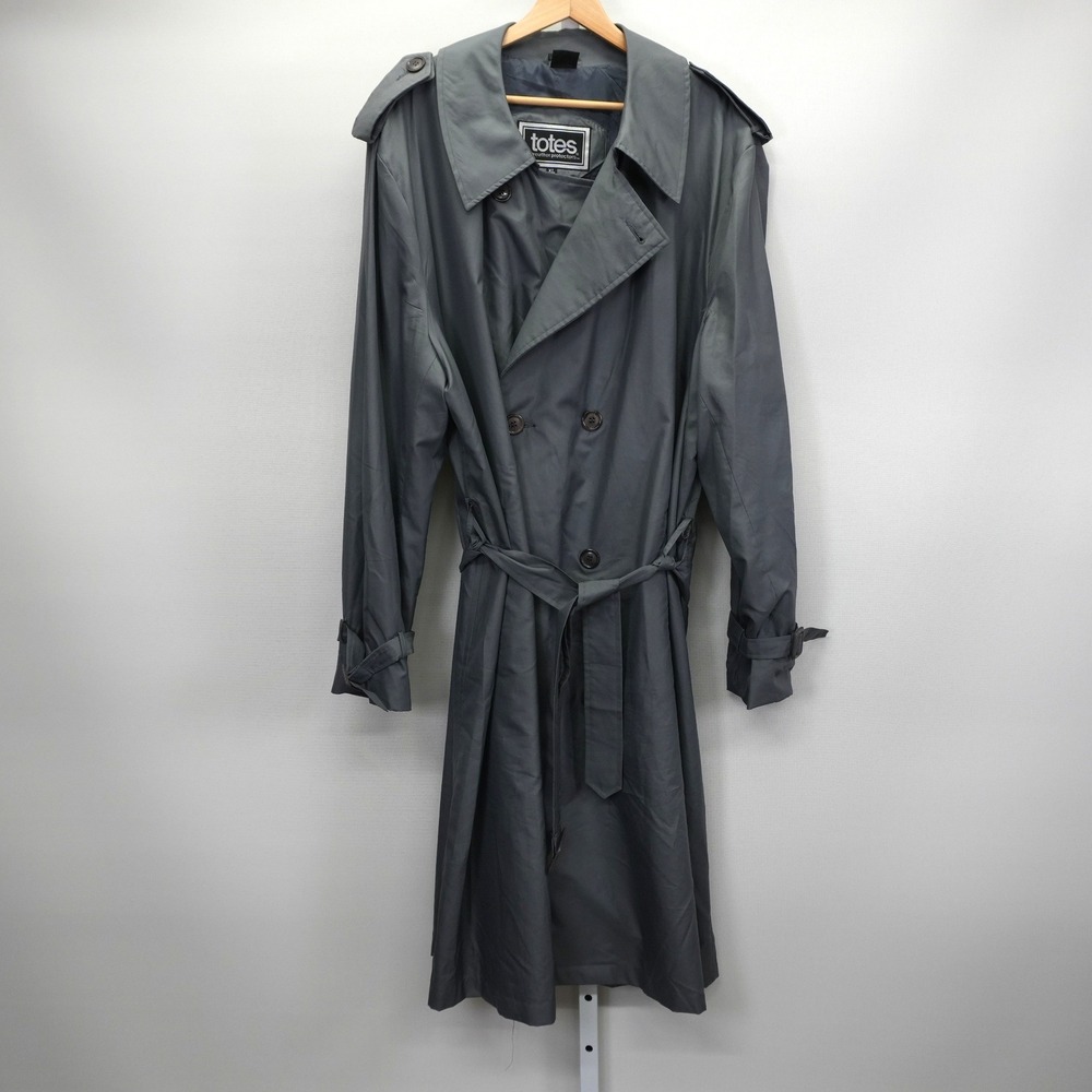 Totes Weather Protectors Vintage Mens XL Grey Double Breasted Trench Coat Belted